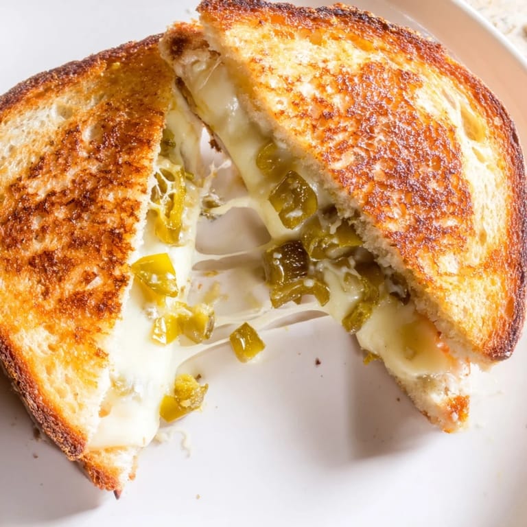 Gooey Jalapeño Pepper Jack Grilled Cheese cut in half, paired with tomato soup.