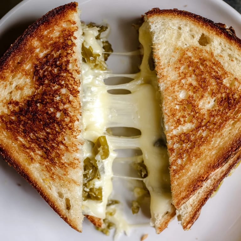 Thick sourdough slices with pepper jack and pickled jalapeños, ready to serve.