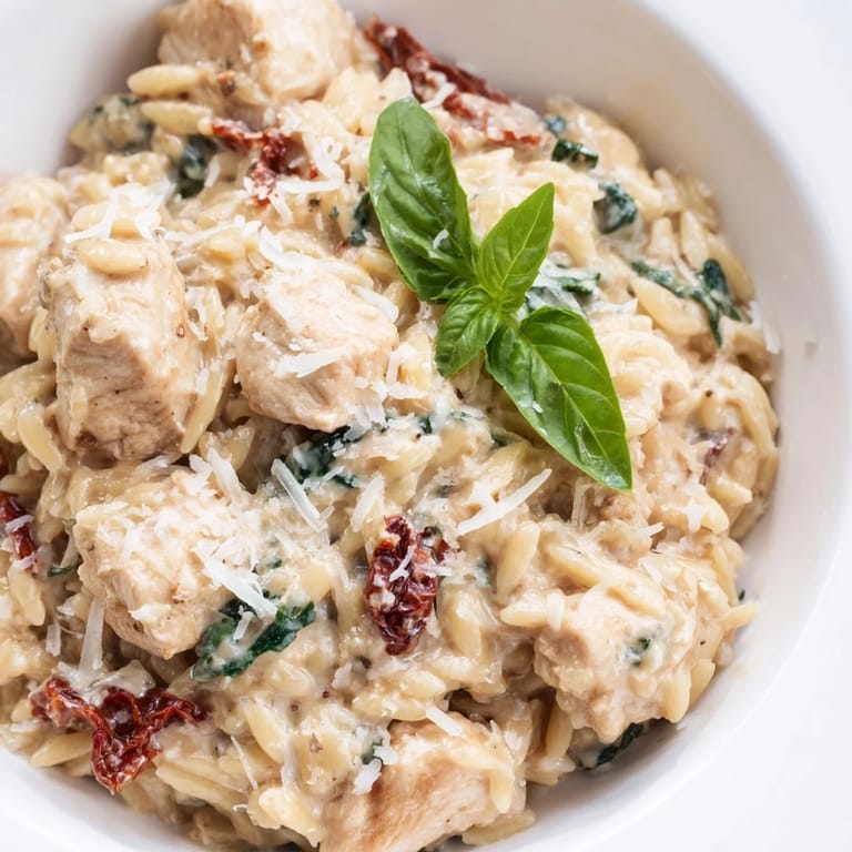 Sizzling Tuscan Chicken Orzo with garlic, creamy sauce, and spinach, plated for a comforting family-style Italian-inspired dinner.