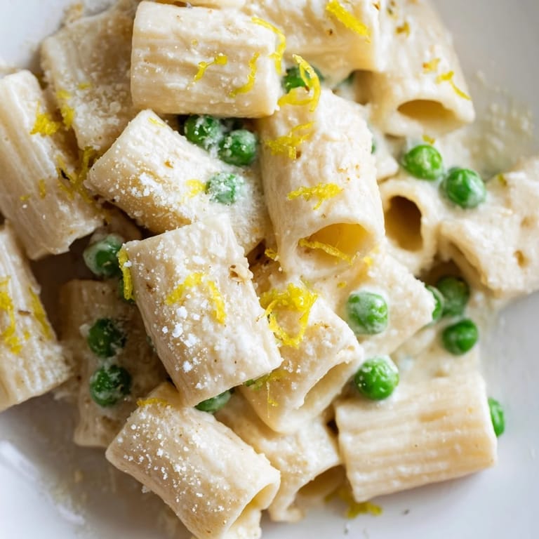 Serve this vibrant Pea & Lemon Ricotta Pasta for a light spring dinner, garnished with lemon zest, grated Parmesan, and fresh herbs on a sunny table.