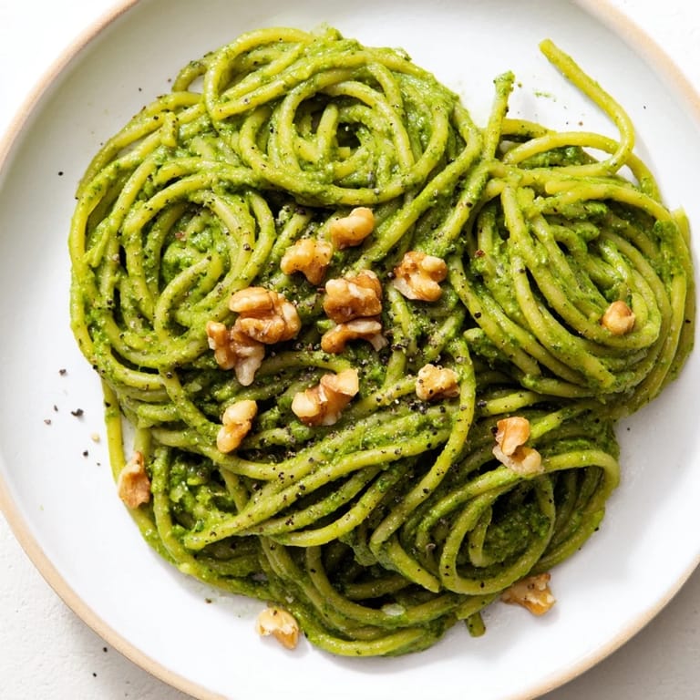 A close-up of Creamy Spinach Walnut Pasta twirled on a fork, highlighting the velvety texture and fresh spinach leaves.