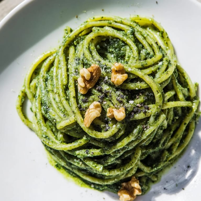 Steaming Creamy Spinach Walnut Pasta plated with lemon zest and cracked pepper, ideal for a cozy weeknight dinner.