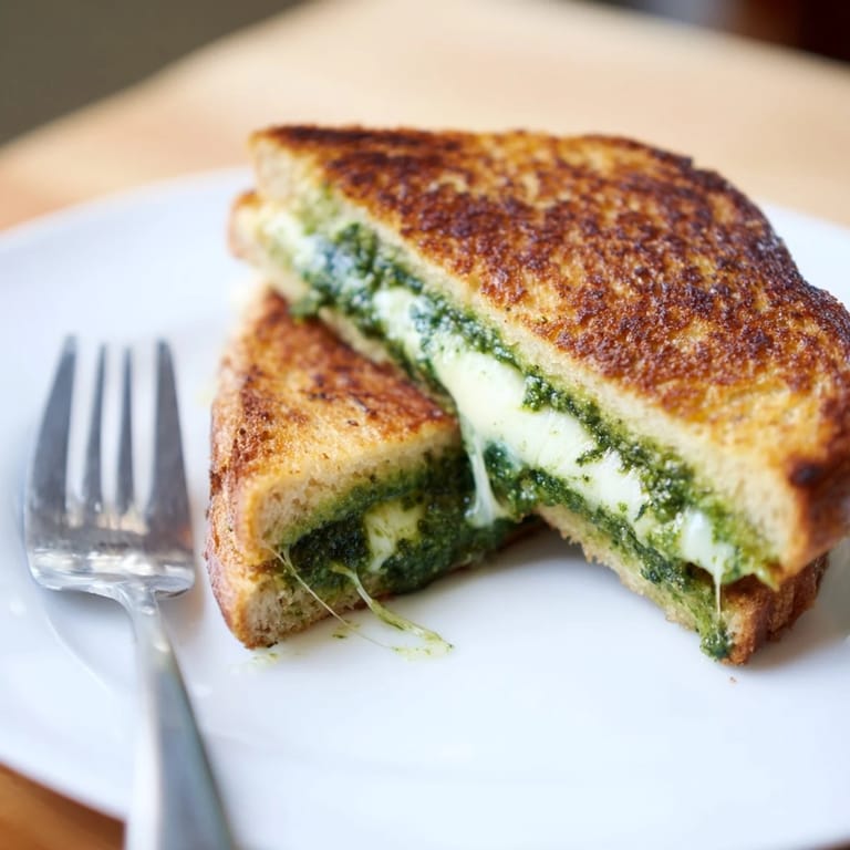 A close-up view of Sourdough Pesto Grilled Cheese, highlighting the gooey blend of mozzarella, fontina, and cheddar between toasted slices.