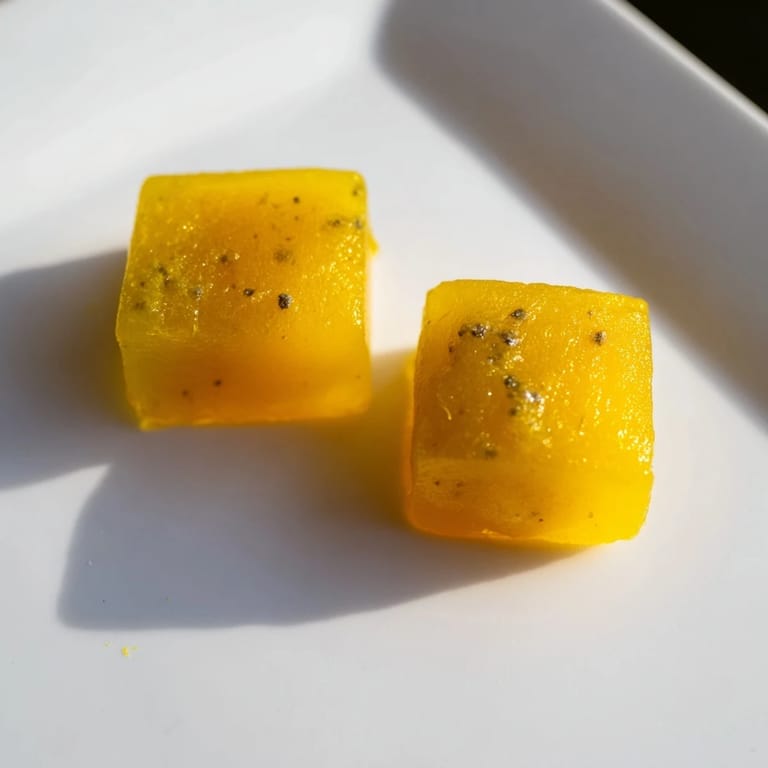 Vibrant golden wellness cubes with lemon and ginger specks are displayed on a chilled spoon, showing off their fresh, zesty texture.