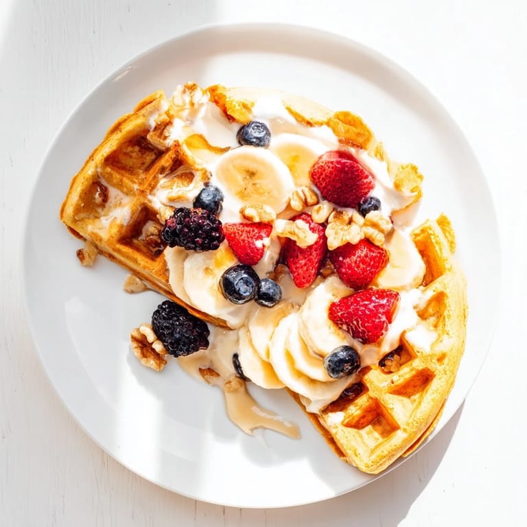 Freshly cooked Anti-Inflammatory Adaptogenic Turmeric Waffles serve with sliced banana and creamy coconut yogurt for breakfast.  