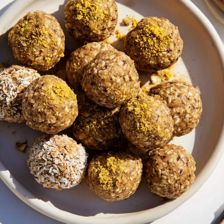 A close-up of Ginger Turmeric Energy Balls on a marble counter, garnished with fresh ginger, ideal for healthy snacking or tea time.