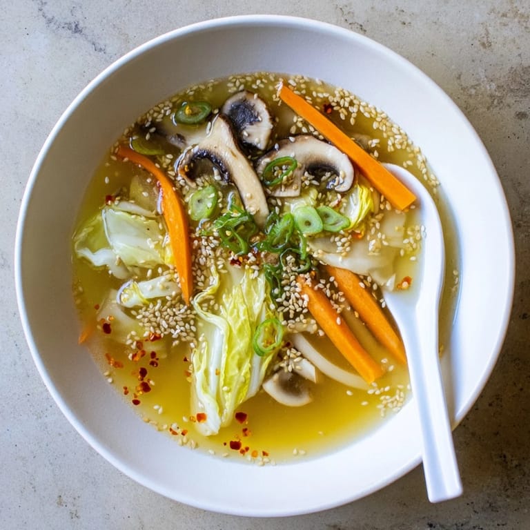 Hearty bowl of Ginger-Miso Winter Soup garnished with scallions and sesame seeds.