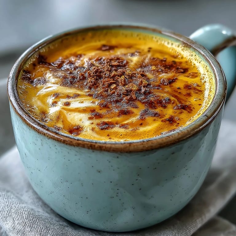 Warm, golden milk infused with turmeric, ginger, and cinnamon, served in a cozy mug with a cinnamon dusting.