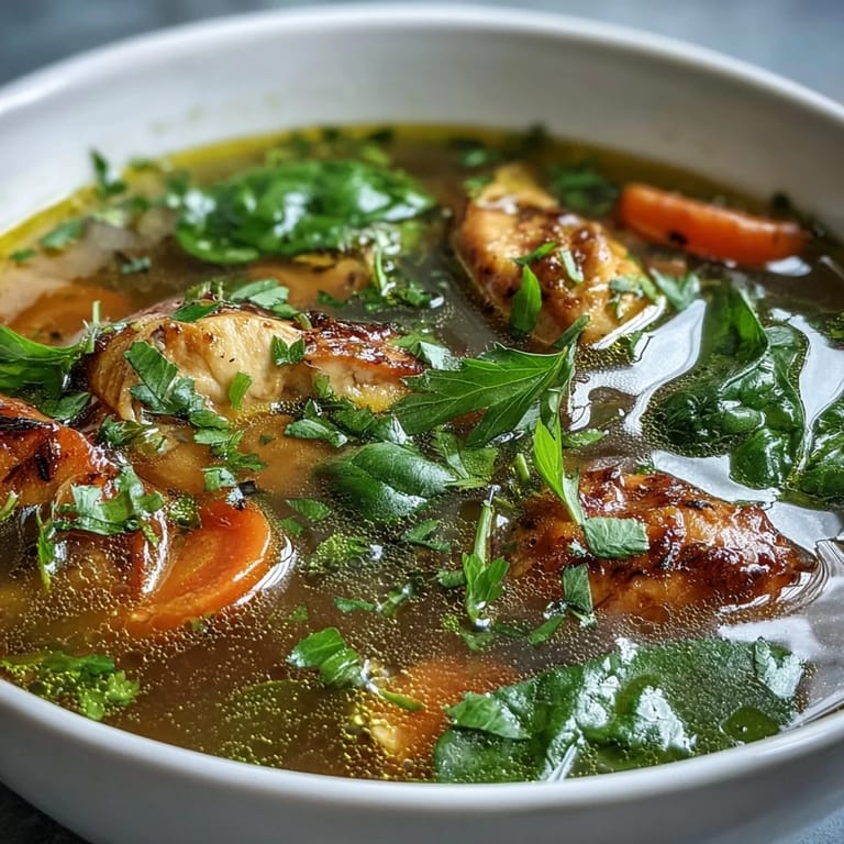 Nourishing, bright turmeric chicken soup with fresh herbs, a healthy bowl.