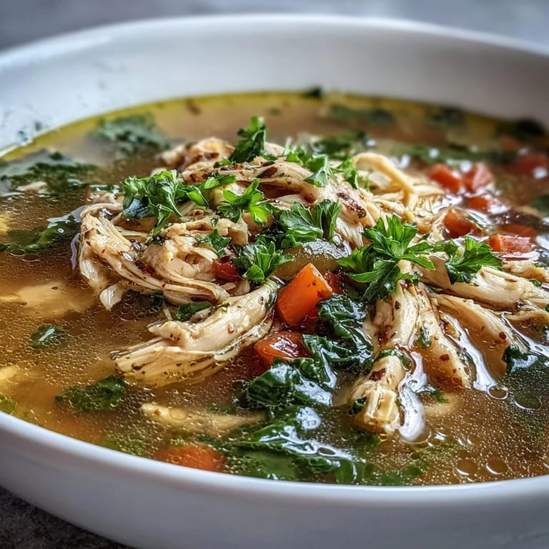 A ladle scoops up vibrant High Protein Lemon and Turmeric Chicken Soup with golden turmeric broth and fresh lemon wedges.