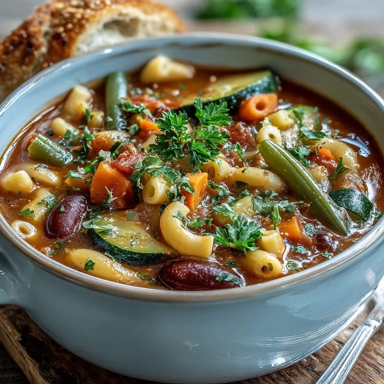 Hearty Italian Minestrone Soup ladled into a rustic bowl, topped with fresh parsley and Parmesan.