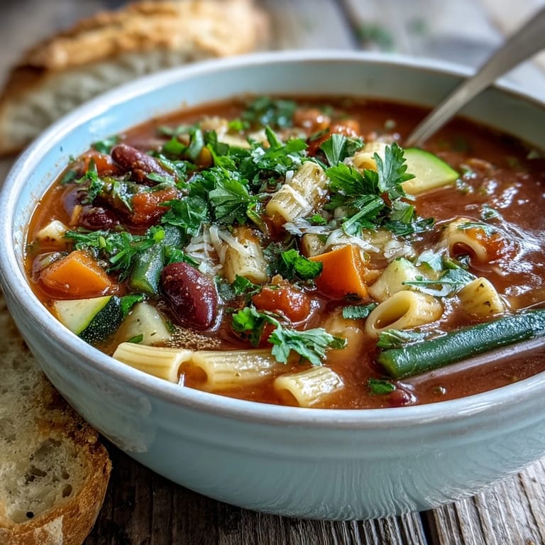 Comforting Minestrone Soup served with crusty bread for dipping, ready for a wholesome weeknight meal.