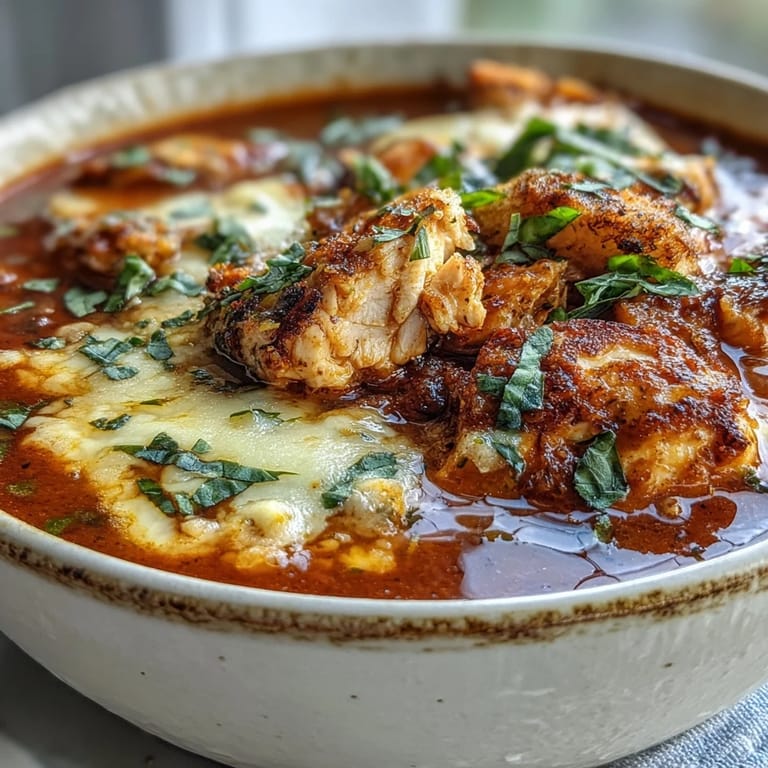 Melted mozzarella and Parmesan top the hearty Grilled Chicken Parmesan Soup beside crunchy croutons.