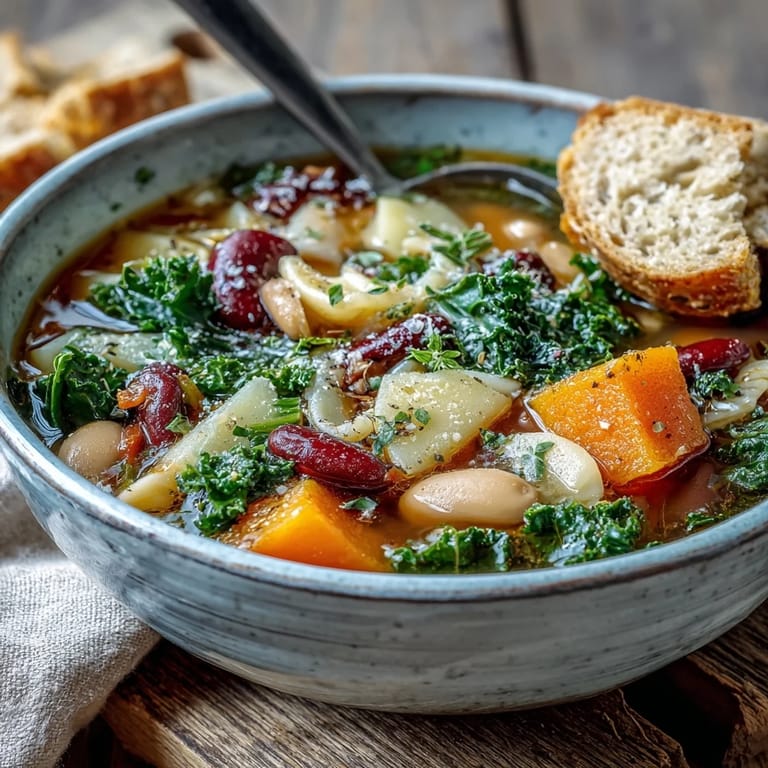 Winter Minestrone Soup served in a cozy bowl with a side of crusty bread, ready for a comforting meal.