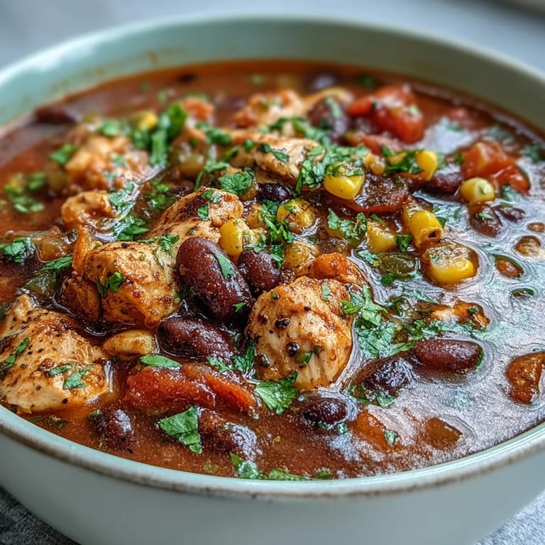 A ladle of hearty Southwestern Turkey Soup with black beans, sweet corn, and diced tomatoes.
