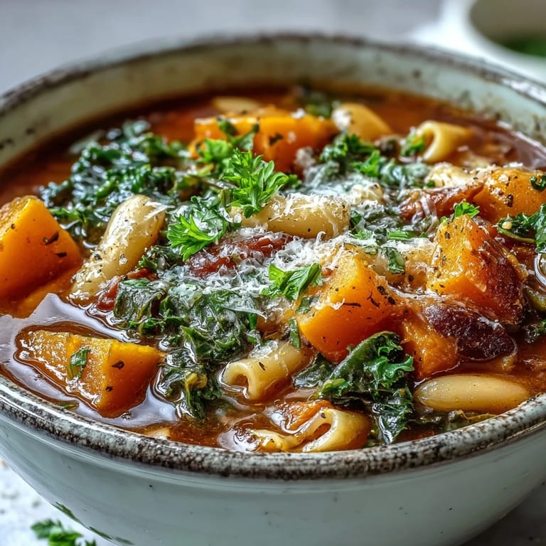 A close-up shot of Winter Minestrone Soup with Butternut Squash and Kale shows beans and pasta in rich tomato broth.