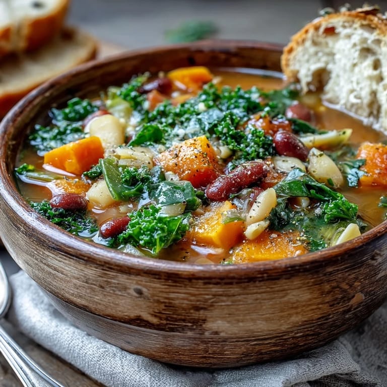 Homemade Winter Minestrone Soup simmering in a rustic pot, featuring hearty vegetables, pasta, and a rich tomato broth.