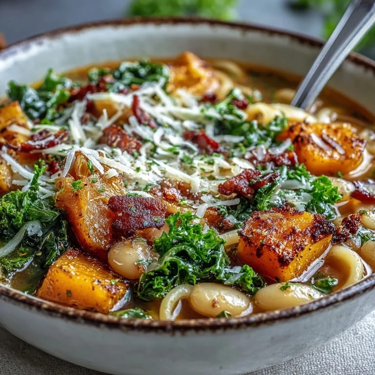 Hearty Italian-American soup topped with pancetta, kale, and freshly grated Parmesan cheese.
