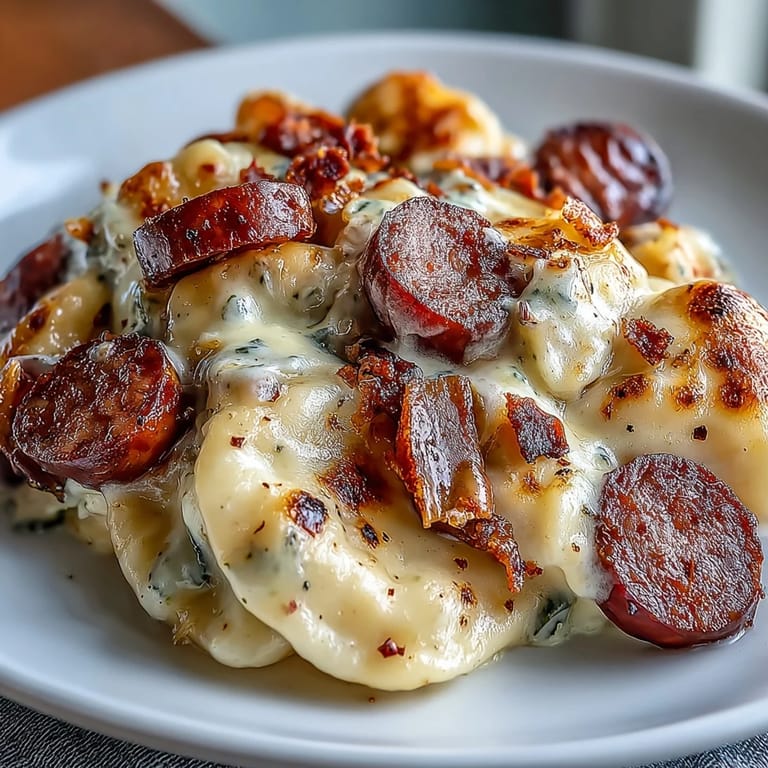 Savory slices of kielbasa and pillowy pierogi bake in a creamy, cheesy sauce, garnished with fresh chives for a colorful finish.