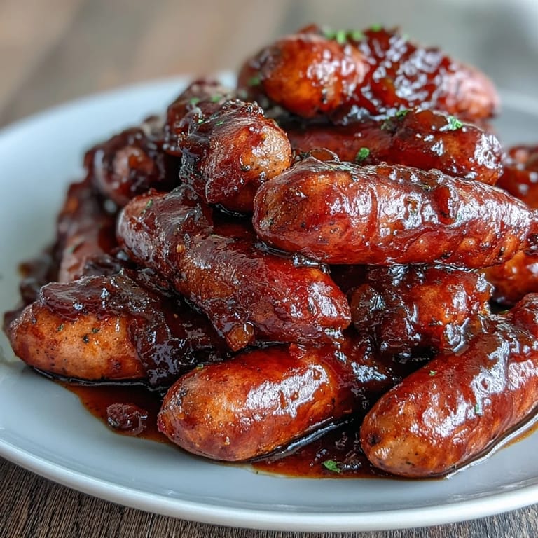 Sticky, slow-cooked Crock Pot BBQ Cocktail Sausage in a rich, apricot-infused barbecue glaze, ideal for warm party appetizers or gatherings.