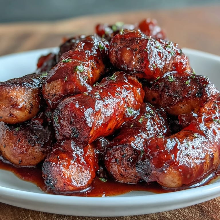 A plate of glazed Crock Pot BBQ Cocktail Sausage bites, perfect for a game-day appetizer spread with toothpicks for easy serving.