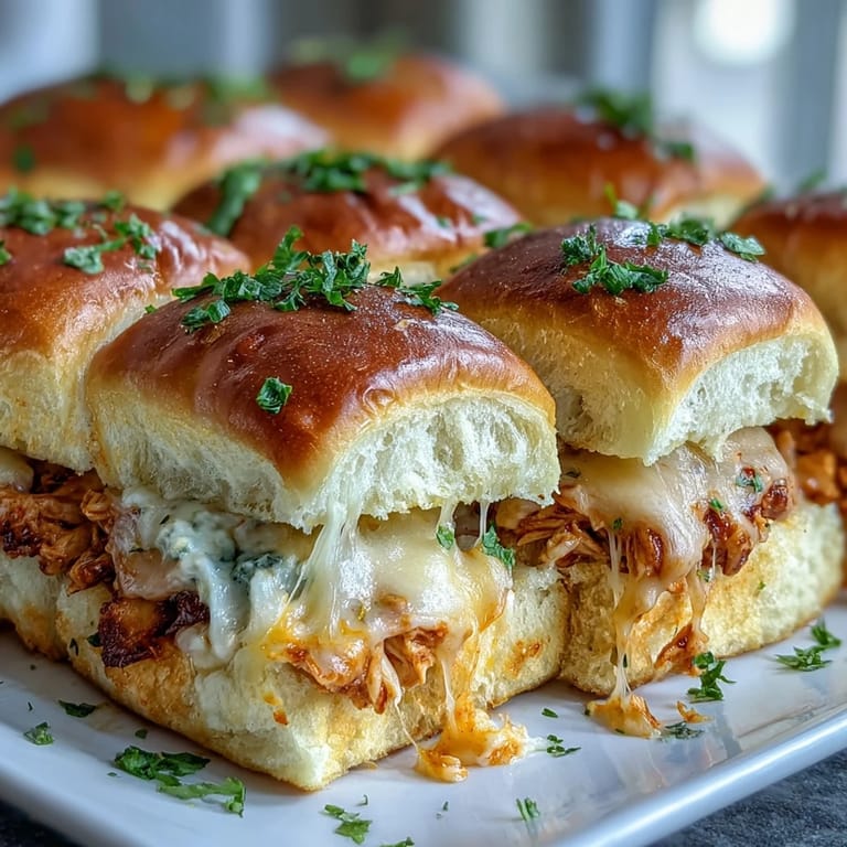 Freshly baked Pizza Dip Sliders cut open to reveal creamy, spicy chicken filling, topped with parsley and served with extra ranch.