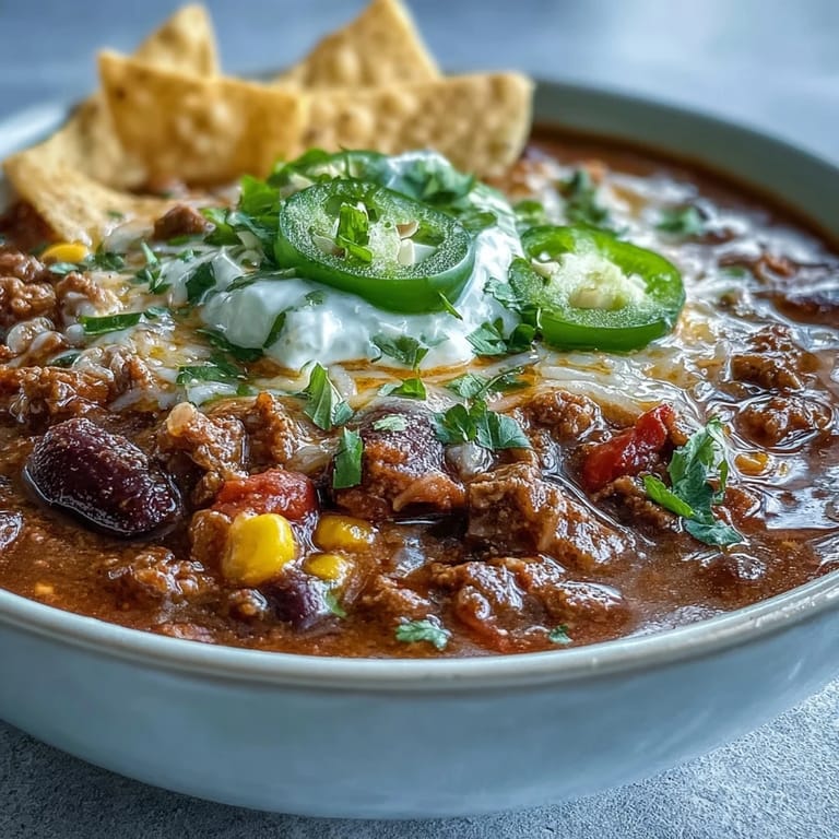 A hearty Taco Soup in a rustic bowl, loaded with beef, beans, and corn.