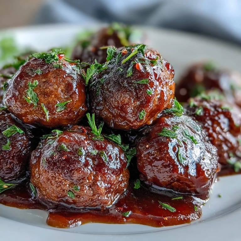 A close-up of juicy Slow Cooker Peach Glazed Meatballs glistening with chili sauce, perfect for game day appetizers.