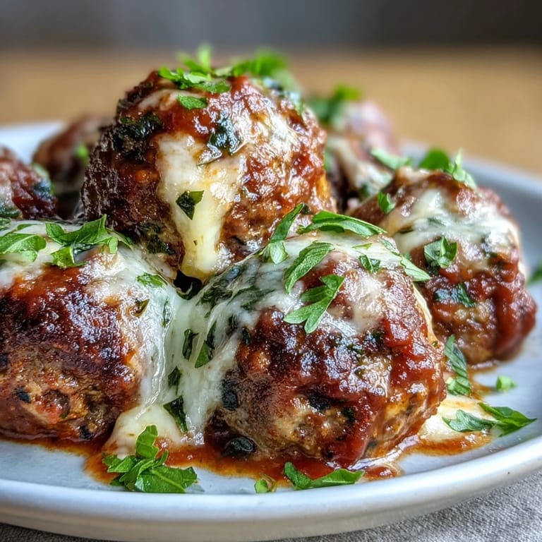 Tender Cheesy, Garlicky Meatballs With Marinara simmer in rich tomato sauce, ready to be served over gluten-free pasta.