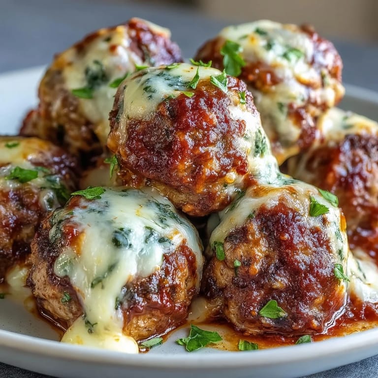 Golden-brown Cheesy, Garlicky Meatballs With Marinara topped with fresh basil, served family-style with a side of crusty bread.
