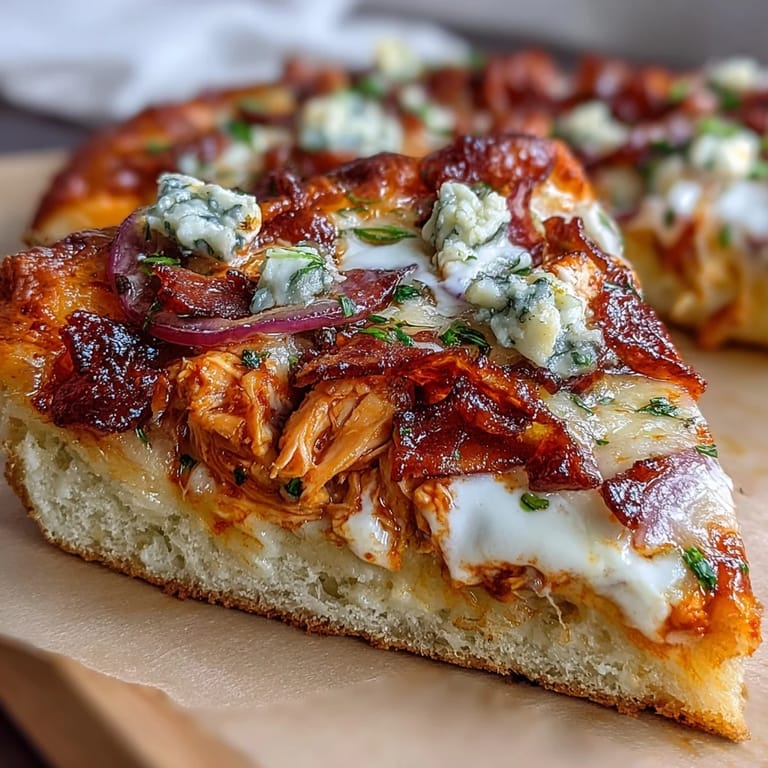Buffalo Chicken Pizza topped with ranch dressing, red onion slices, and blue cheese crumbles, ready to slice on a rustic wooden board.