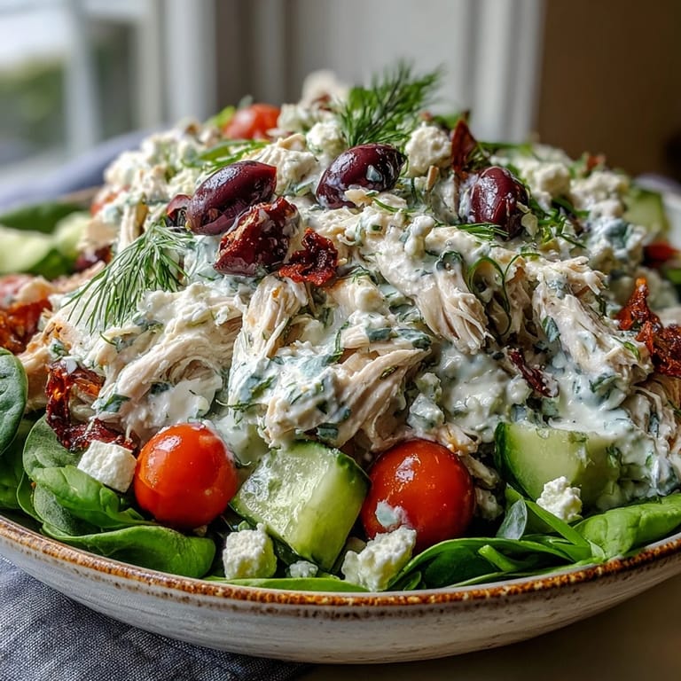 Bright Mediterranean Tzatziki Chicken Salad overflowing with juicy cherry tomatoes, briny Kalamata olives, crumbled feta, and fresh dill on a bed of greens.