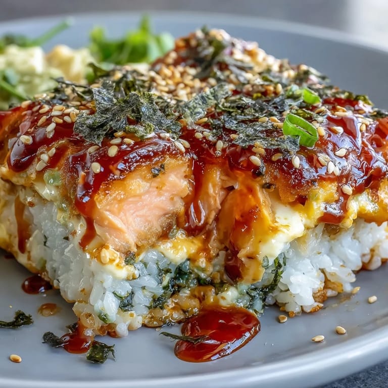 Creamy spicy salmon layer on fluffy sushi rice, garnished with sliced avocado.