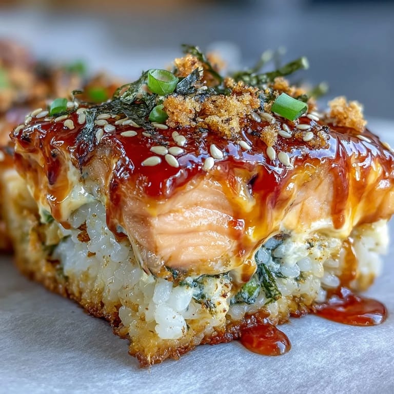 Viral TikTok Spicy Salmon Sushi Bake served in a casserole dish with drizzles.