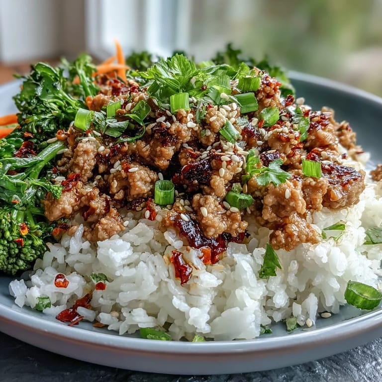 A skillet of sizzling Korean-Style Ground Turkey next to fluffy steamed rice and vibrant green broccoli florets.