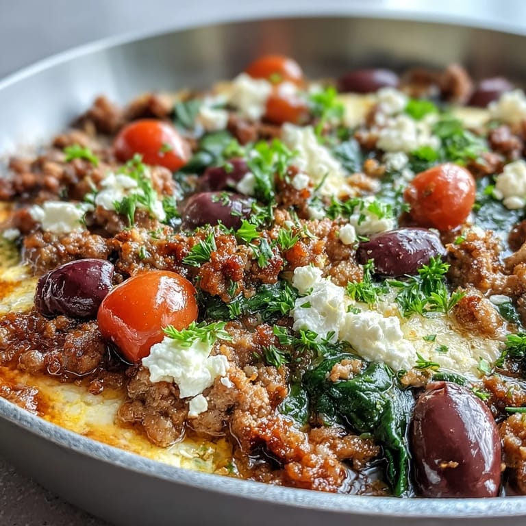 Spoonful of Mediterranean Keto Ground Chicken Skillet served over baby spinach, featuring juicy cherry tomatoes and briny olives on a rustic dinner plate.