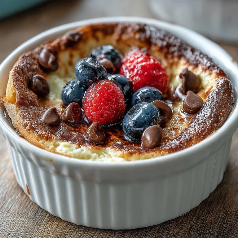 Single-serve Baked Protein Pancake Bowl with fluffy texture and chocolate chips, perfect for a quick high-protein meal prep idea.