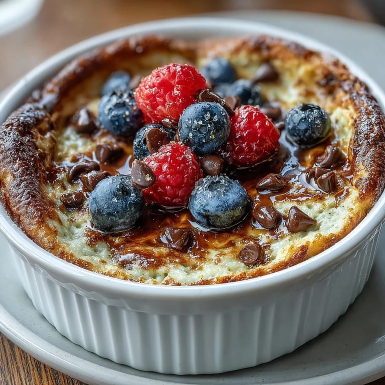 Freshly baked Baked Protein Pancake Bowl with mixed berries and chopped nuts, served warm in a ceramic ramekin.