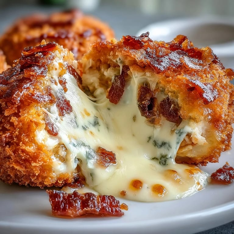 Freshly baked Buffalo Chicken Bacon Mozzarella Bombs garnished with bacon crumbles and drizzled with spicy buffalo sauce.