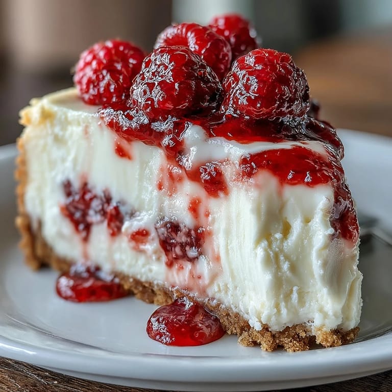 Sliced Indulgent White Chocolate Raspberry Cheesecake Bliss served on a white plate, garnished with fresh raspberries and a drizzle of raspberry sauce.
