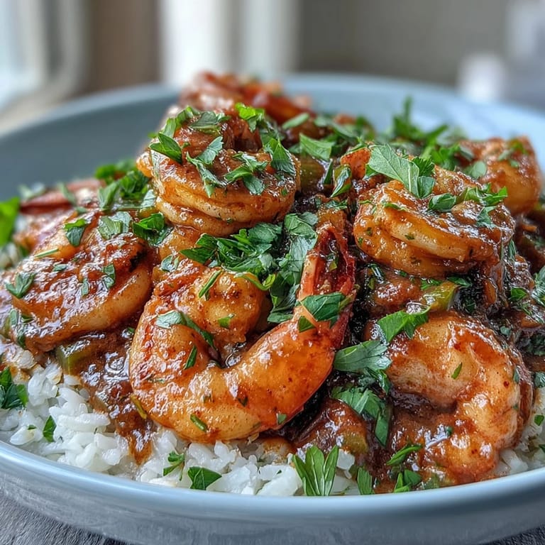 Homemade Classic New Orleans Étouffée simmered in a dark roux, paired with fluffy rice.