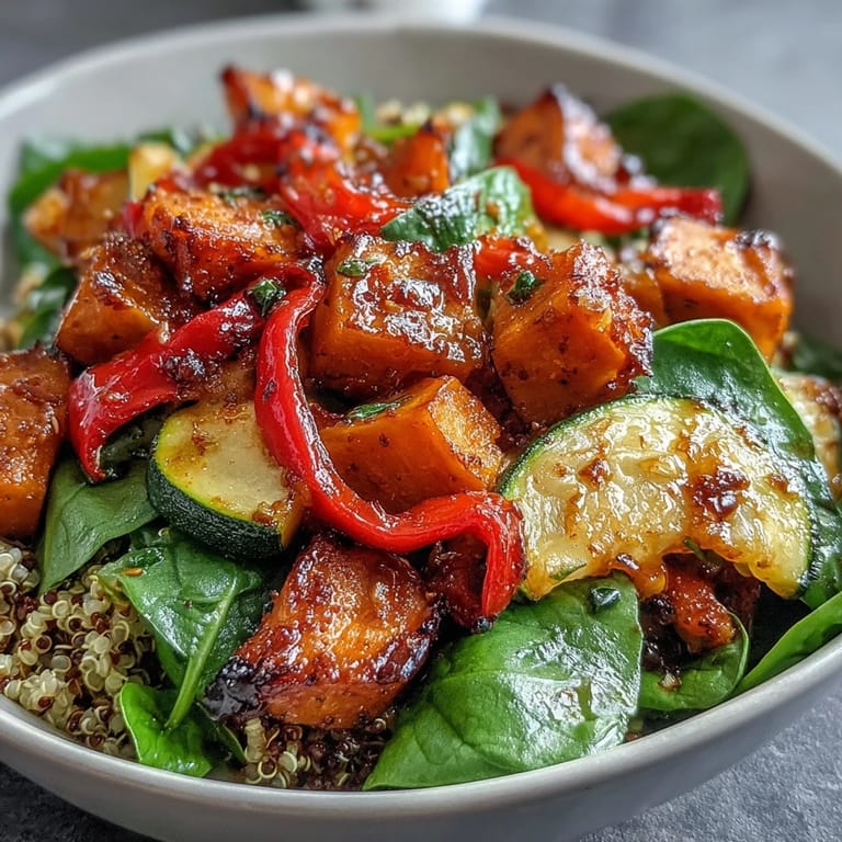 A close-up of the steaming Warm Salad Bowl highlights the golden roasted veggies and fresh herbs, ready to enjoy as a light vegetarian dinner.