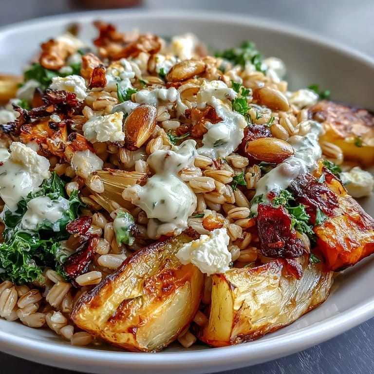 Overhead view of the Hearty Winter Grain Bowl featuring sautéed kale, quinoa, roasted sweet potatoes, and crunchy pumpkin seeds.