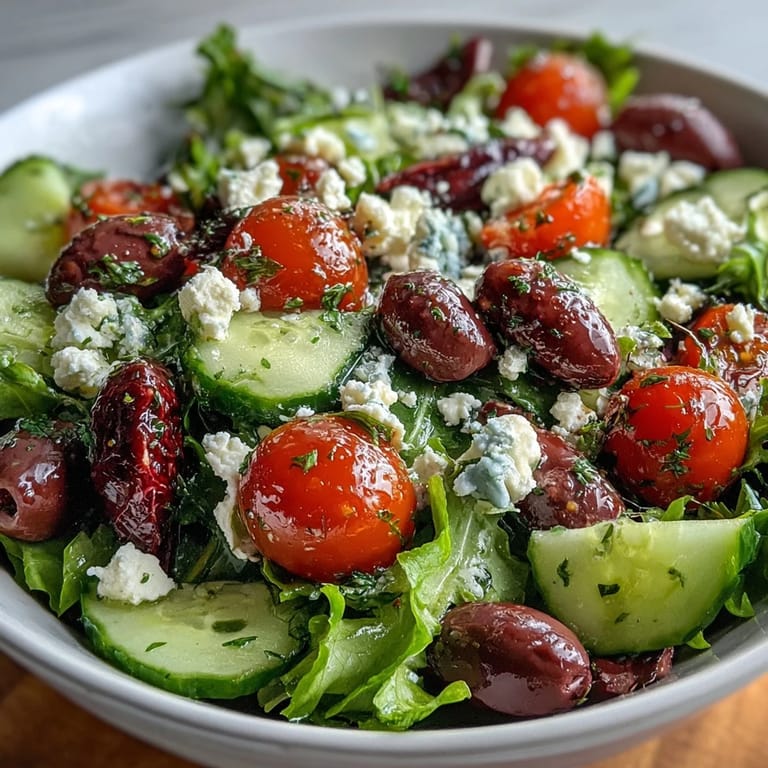 Serve the Mediterranean Green Salad Bowl as a light meal or side, garnished with crumbled feta and vibrant colors.