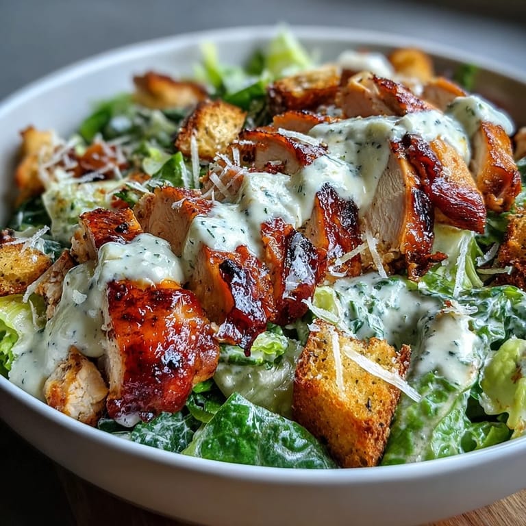 A vibrant Caesar Chicken Bowl featuring golden grilled chicken on fresh romaine lettuce, topped with parmesan cheese, croutons, and a rich, tangy homemade dressing.  