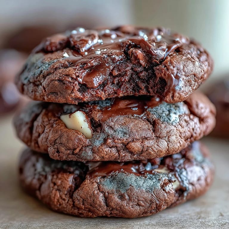 Close-up of fudgy Hojicha Brownie Cookies showcasing roasted tea specks and melty white chocolate chips. 