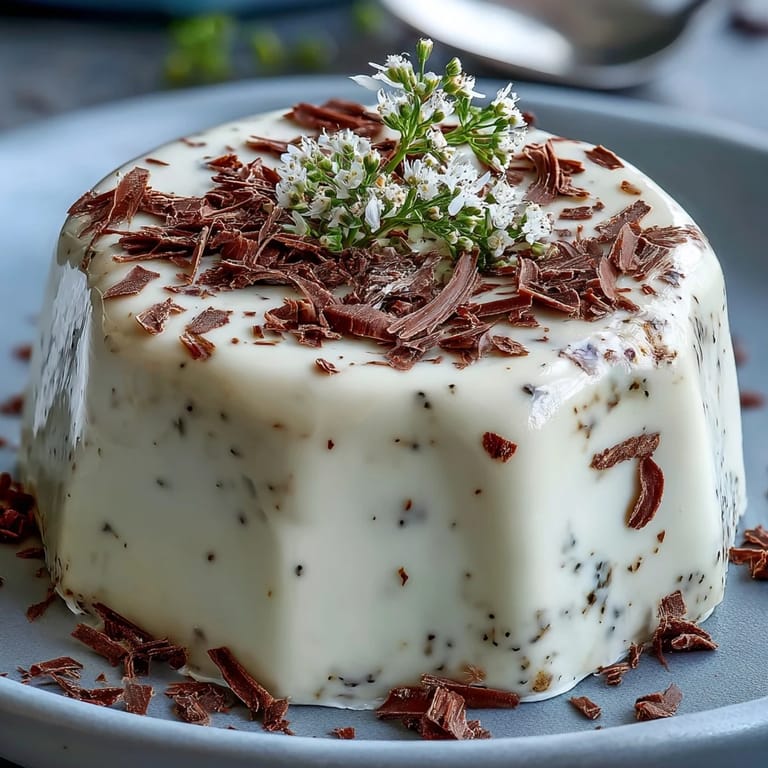 Hojicha Panna Cotta unmolded onto a plate with a drizzle of cream and shaved chocolate.