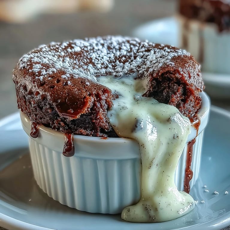 Golden Hojicha White Chocolate Lava Cake sliced open to reveal creamy white chocolate lava on a marble surface.