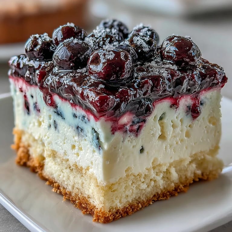 Whole Lemon Blueberry Shortbread Mousse Cake with a glossy blueberry glaze, ready to serve for a summer party.