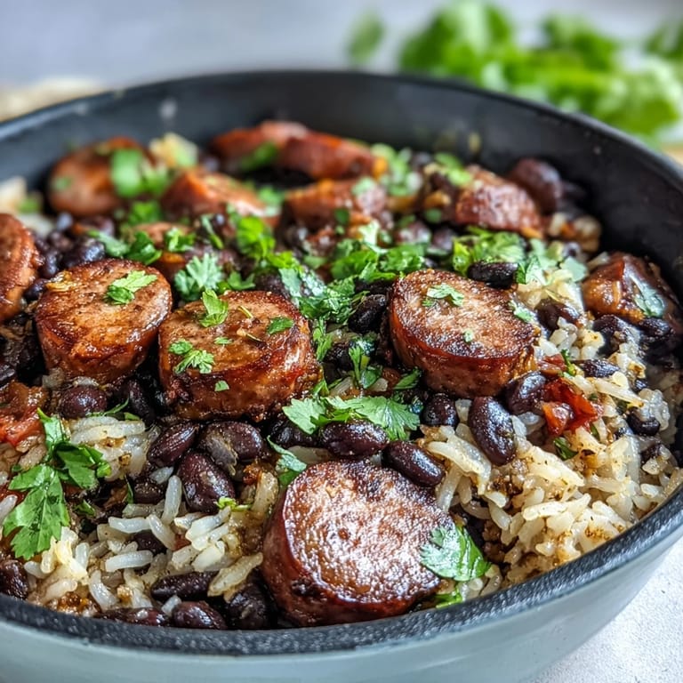 Fresh cilantro and bright lime wedges garnish this hearty Black Beans, Sausage, and Rice Skillet for a Tex-Mex finish.